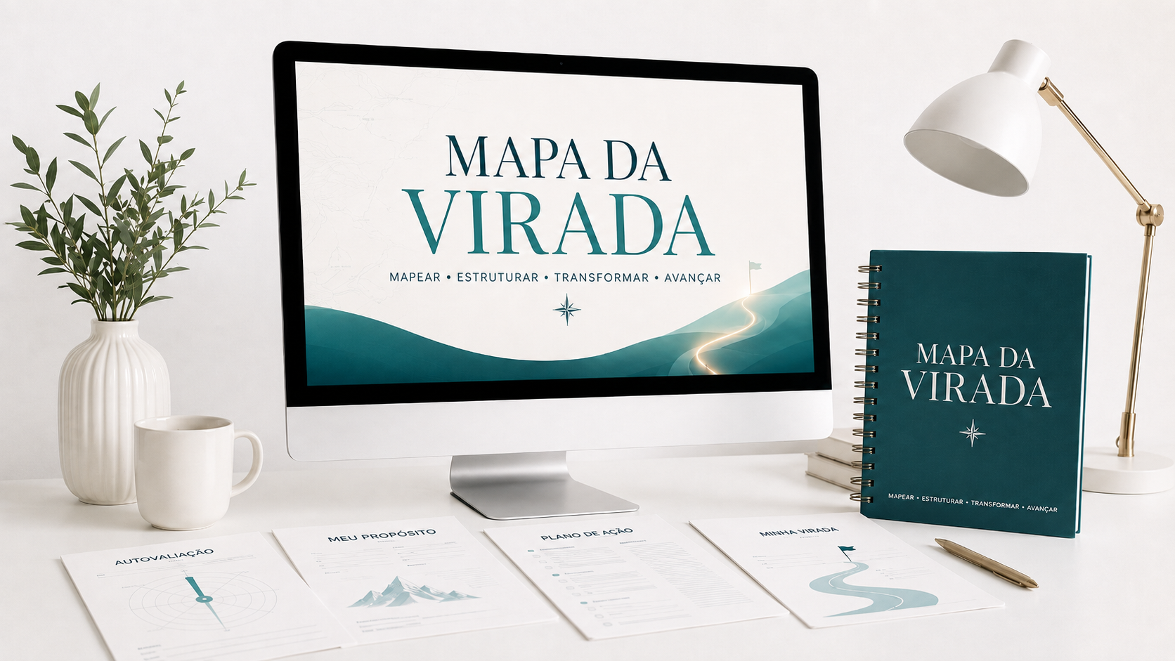 Mockup do Mapa da Virada: aulas na tela, caderno de exercícios e folhas de trabalho