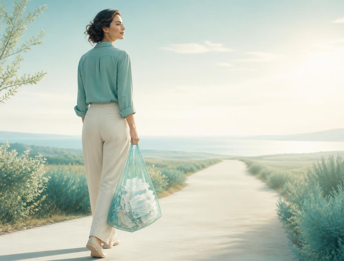 Mulher caminhando com uma bolsa transparente de planos acumulados diante de um caminho aberto