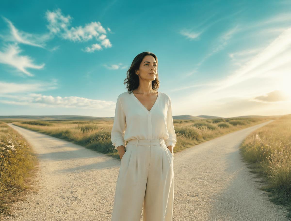 Mulher em um caminho aberto decidindo o que merece sua energia
